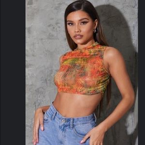 PLT Orange Abstract Snake Printed Mesh Sheer High Neck Ruche Crop Top